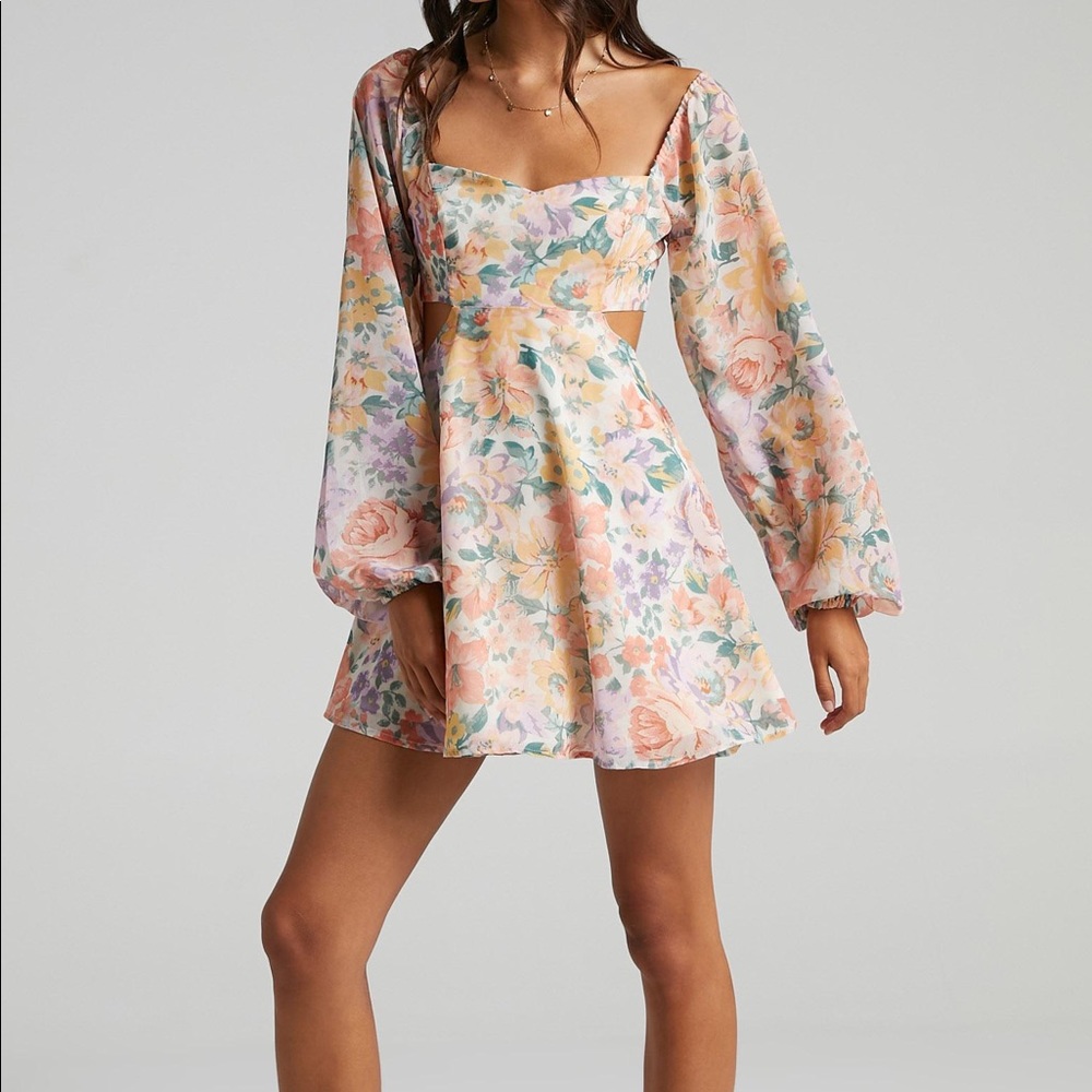Showpo Floral Cutout Long Sleeve Mini Dress
